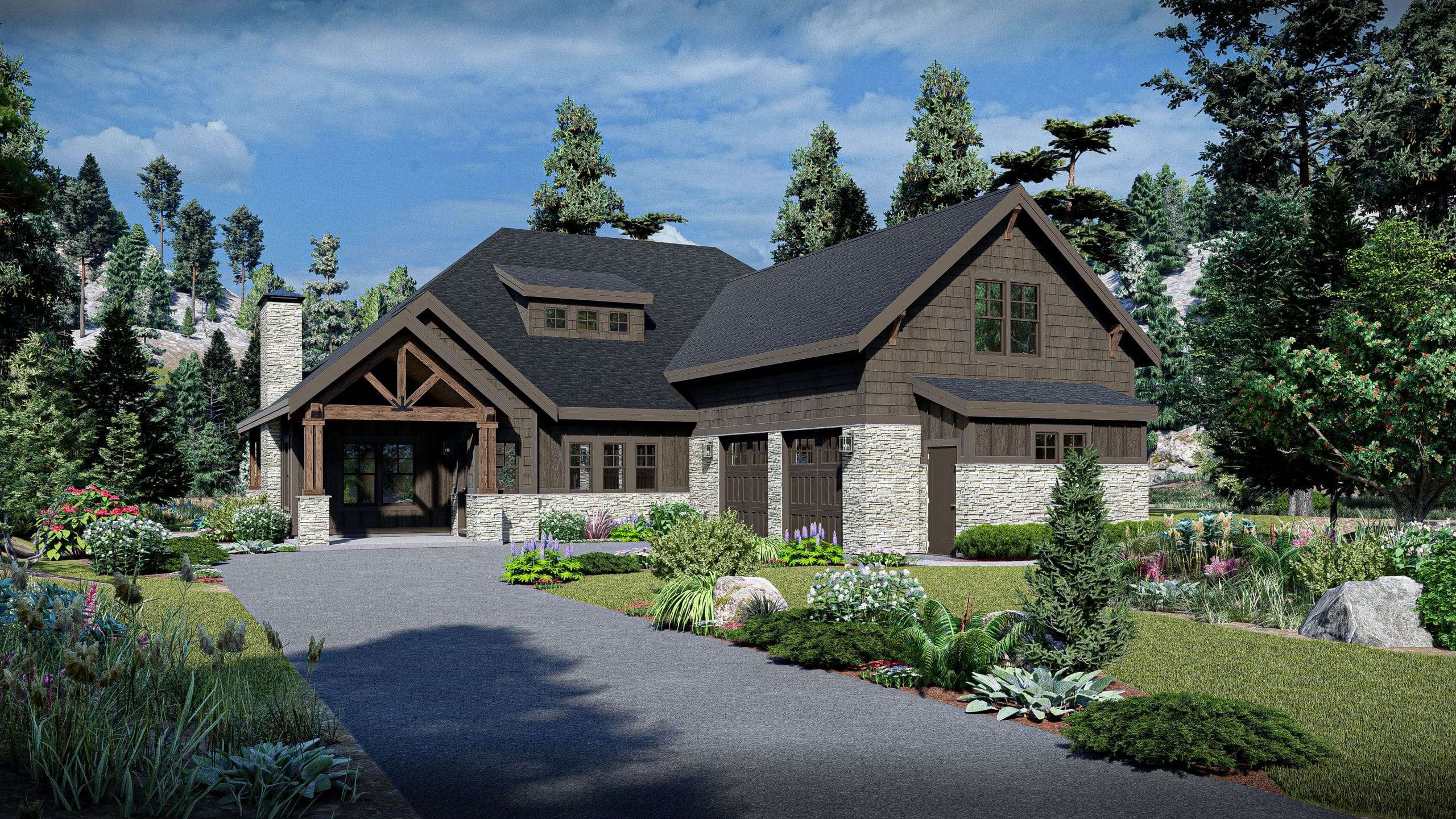 Rainier Mountain Home Plan Front View Summer Time