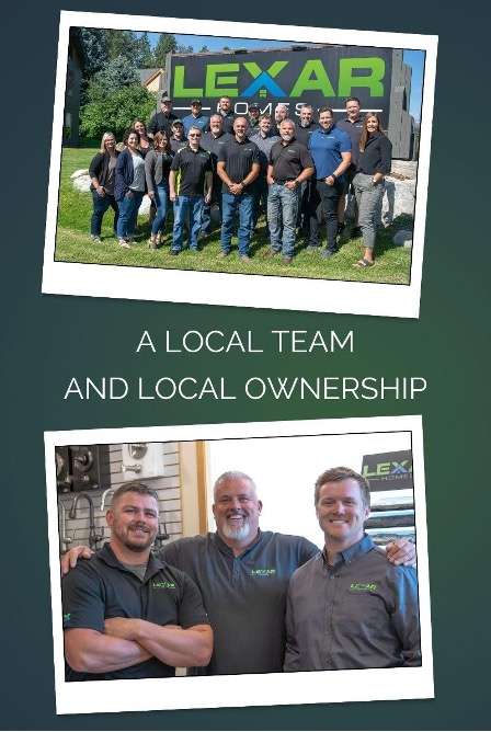 The Spokane Valley Lexar Homes team standing in front of the Lexar Homes sign and the owners of the local Lexar Homes office stand together in the design center