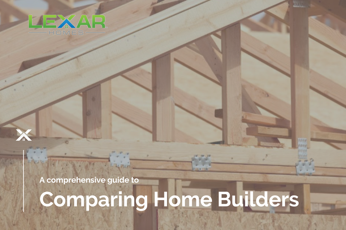Blog cover for comparing home builders checklist download featuring the roof trusses of a home in framing