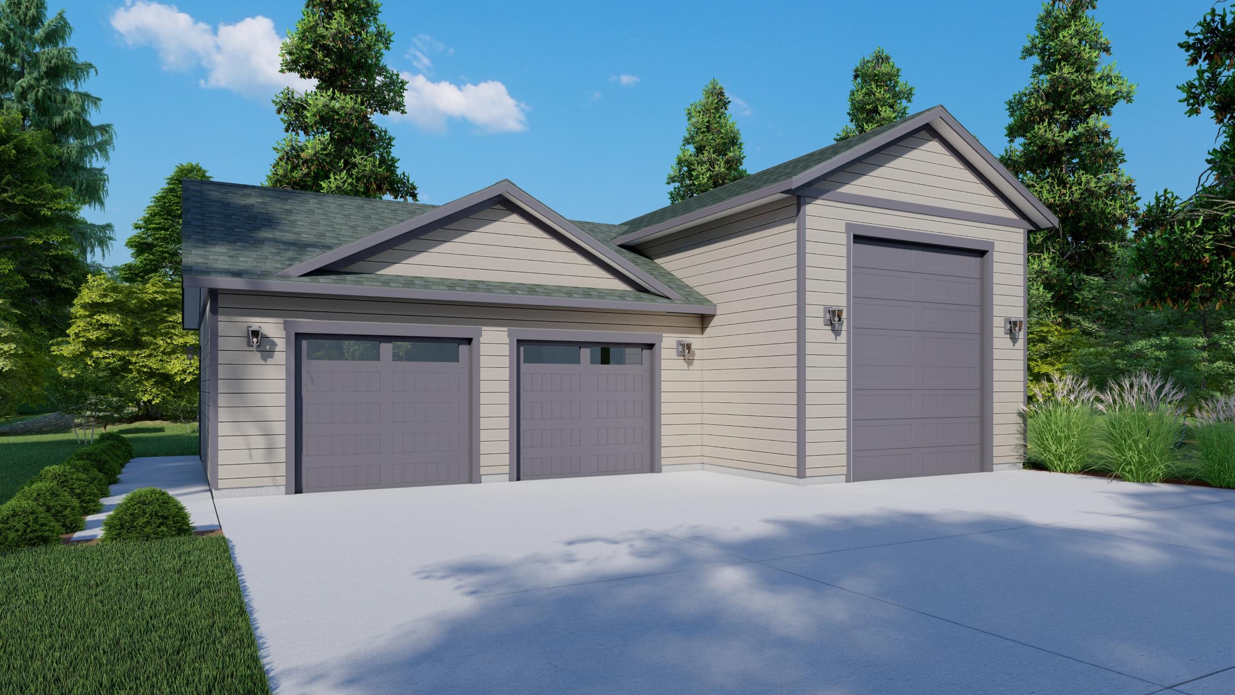 Photo real rendering of a detached garage shop with an RV bay
